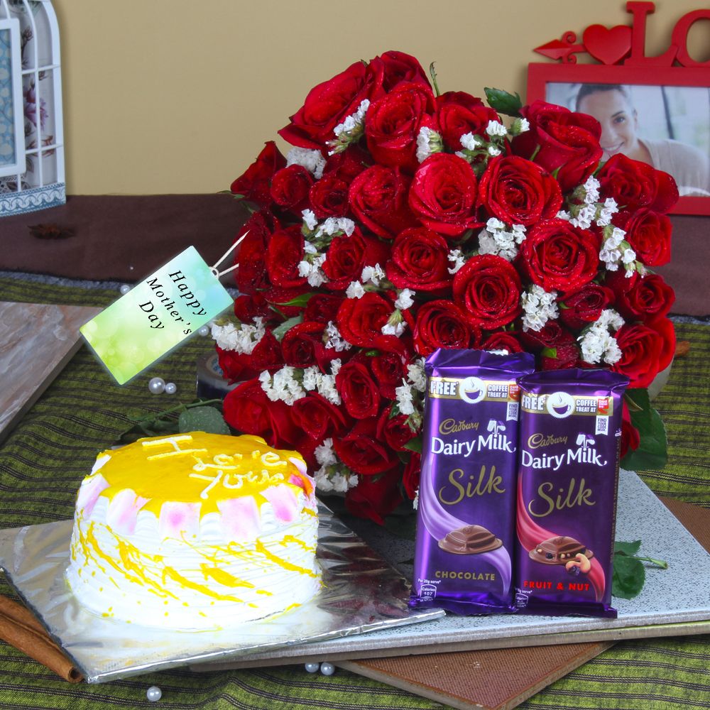 Fifty Red Roses Bouquet with Silk Chocolate and Pineapple Cake