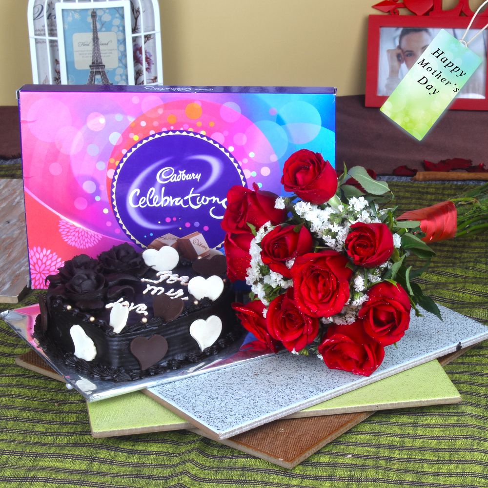 Heartshape Cake with Roses Bouquet and Cadbury Celebration Chocolate Pack