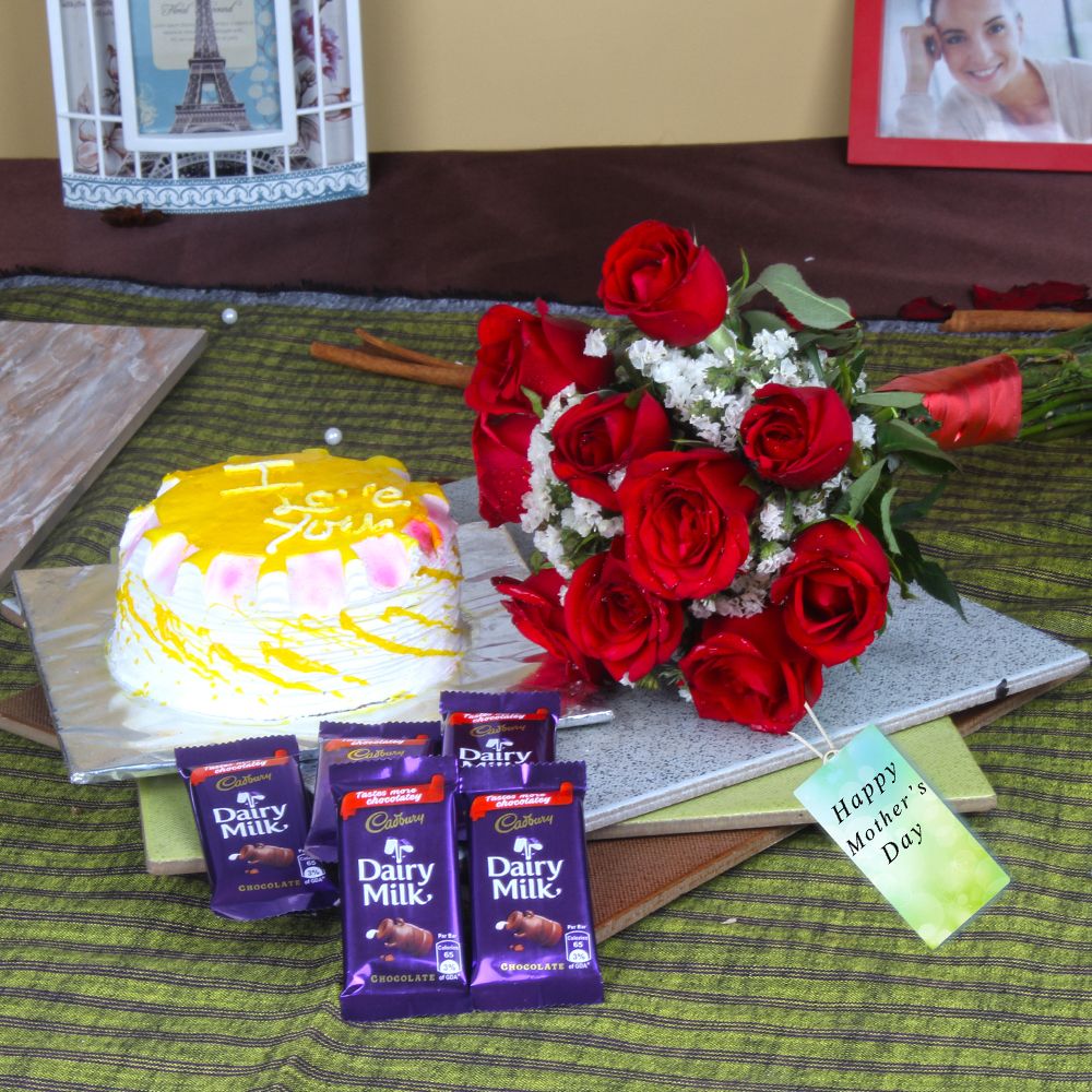 Delicious Pineapple Cake with Roses Bouquet and Chocolate For Mom