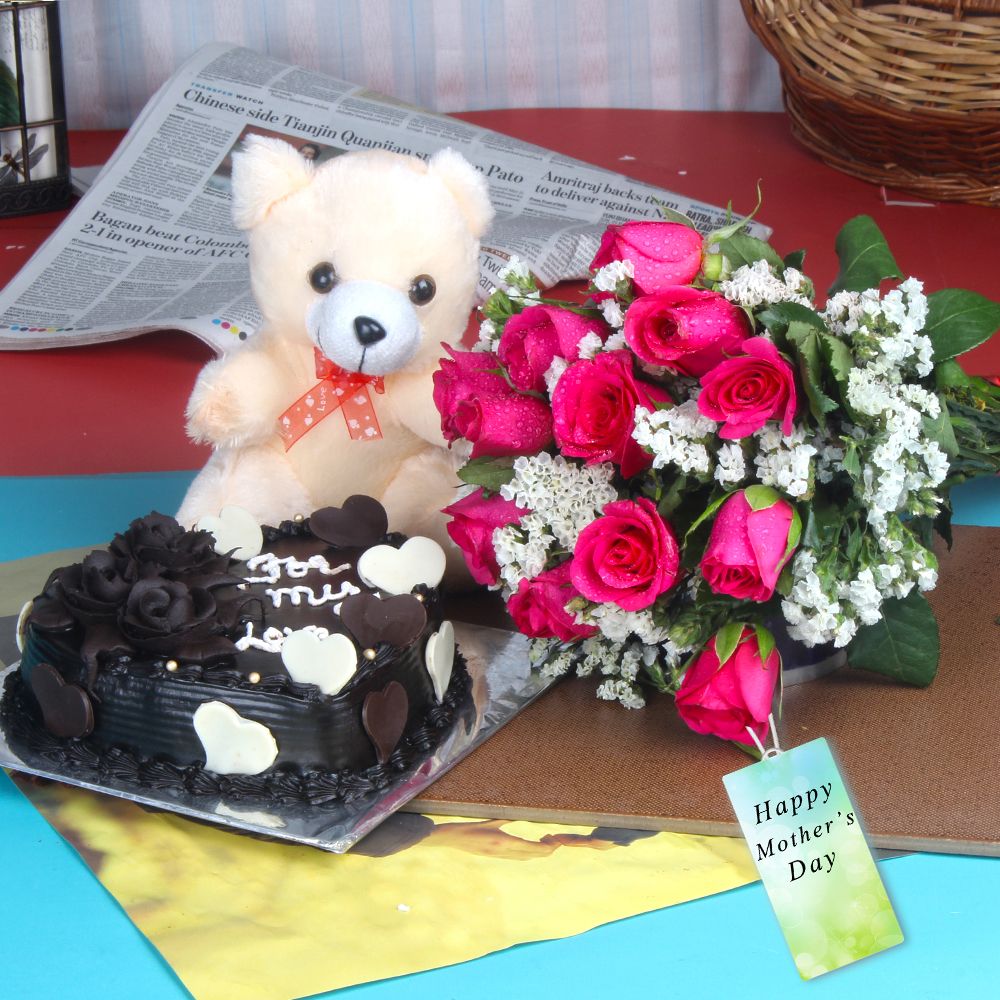 Heart Shape Cake and Roses Bouquet with Teddy Bear for Mothers Day