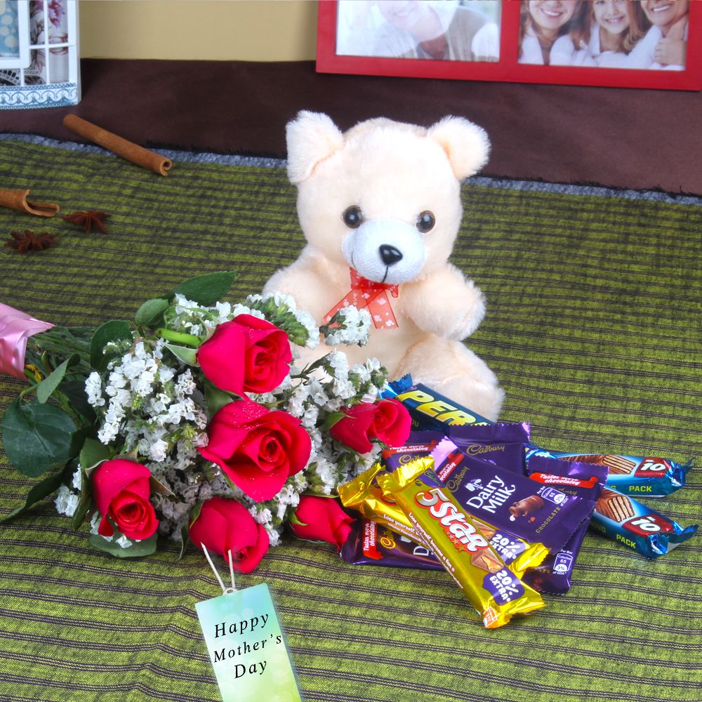 Chocolates and Teddy Bear with Roses Combo For Mom