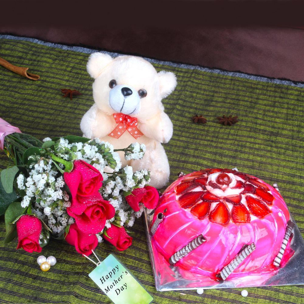 Strawberry Cake and Teddy Bear with Fresh Roses For Mom