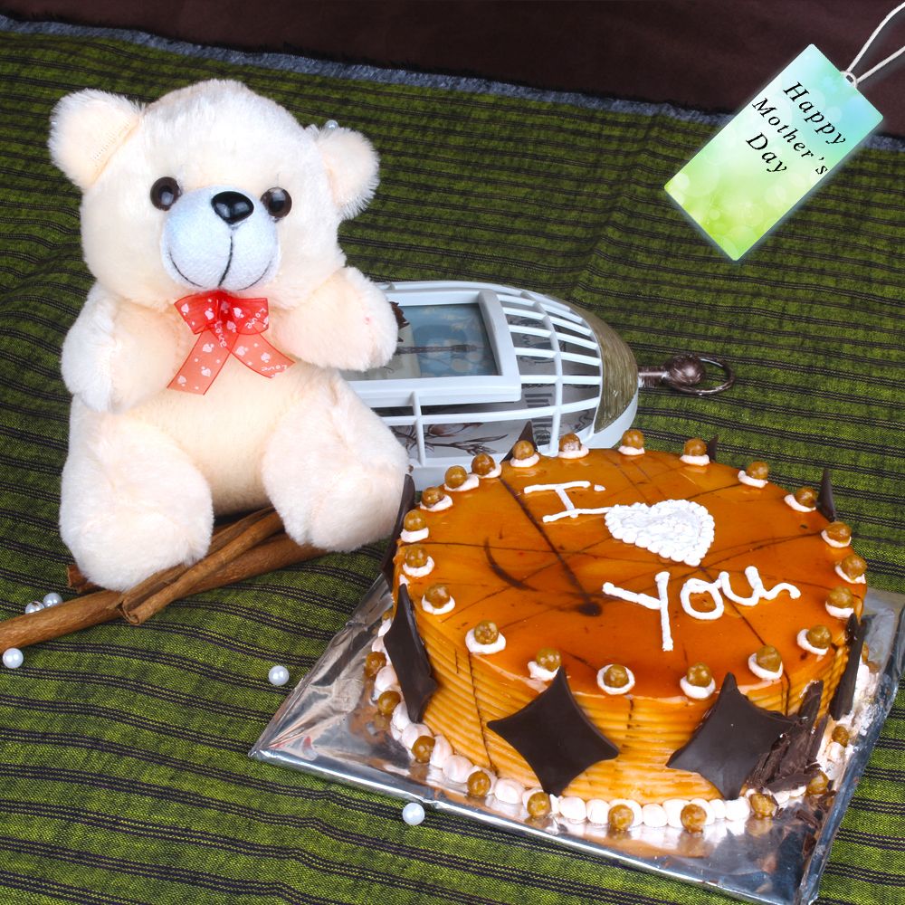 Butterscotch Cake with Cute Teddy Bear for Mothers Day Gifts Online