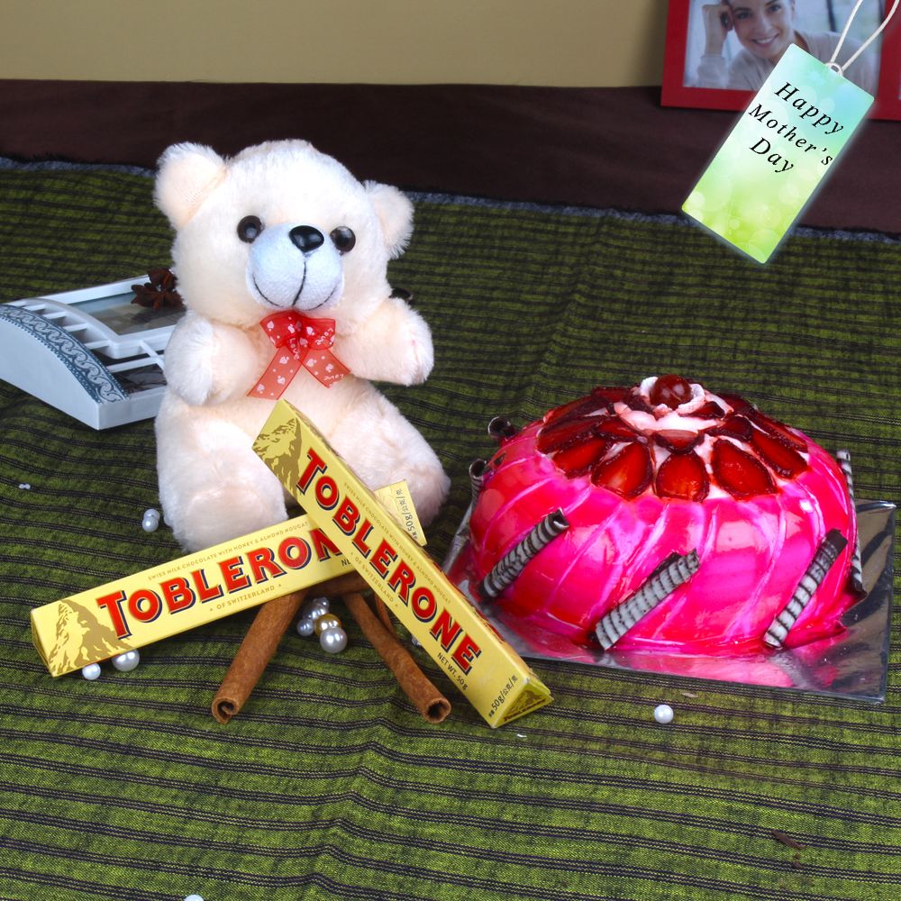 Strawberry Cake and Teddy Bear with Chocolate Bars For Mom