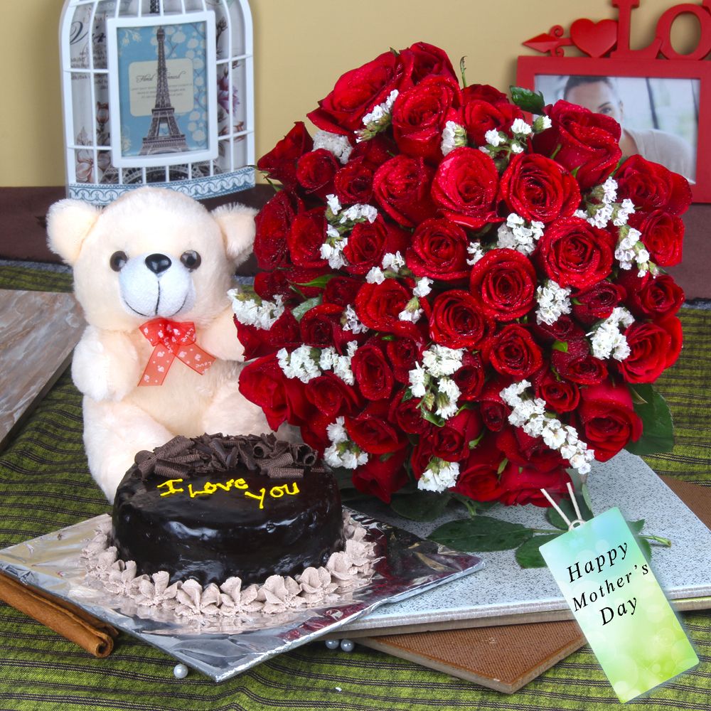 Fifty Red Roses Bouquet and Chocolate Cake with Teddy For Mothers Day