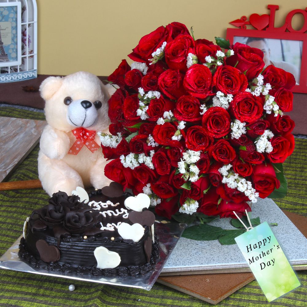 Heart Shape Cake and Red Roses Bouquet with Teddy Bear for Mothers Day