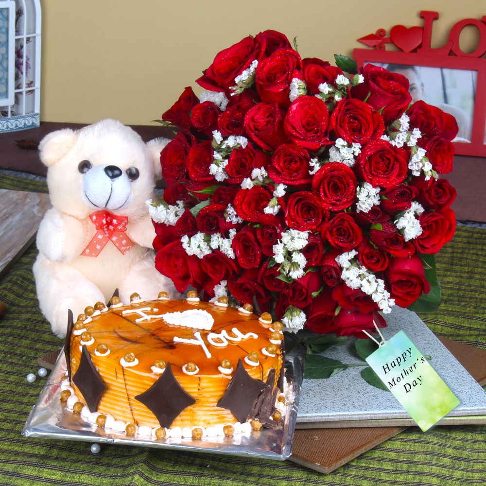Red Roses Bouquet and Teddy Bear with Cake For Mom