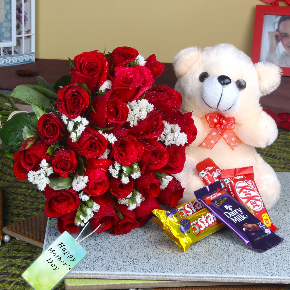 Cute Teddy and Chocolates with Fresh Roses For Loving Mom