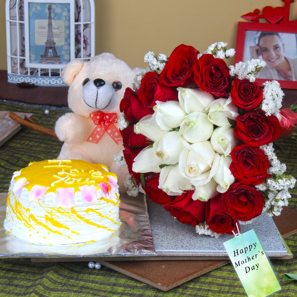 Pineapple Cake and Teddy Bear with Mix Roses for Mom