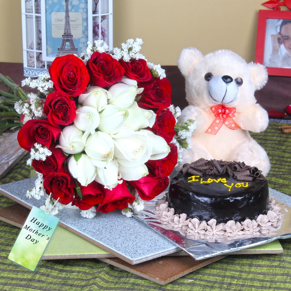 Mix Roses Bouquet and Cute Teddy Bear with Cake