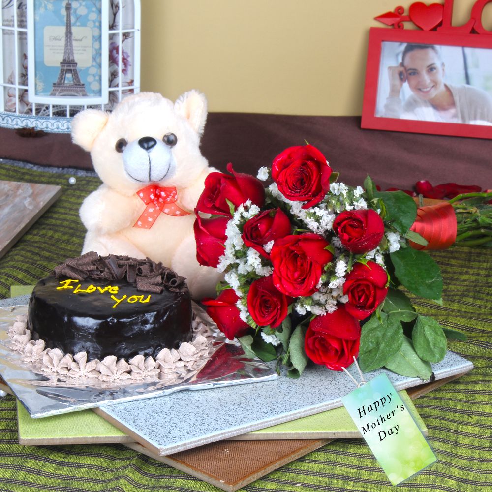 Half Kg Chocolate Cake and Teddy Bear with Red Roses on Mothers Day