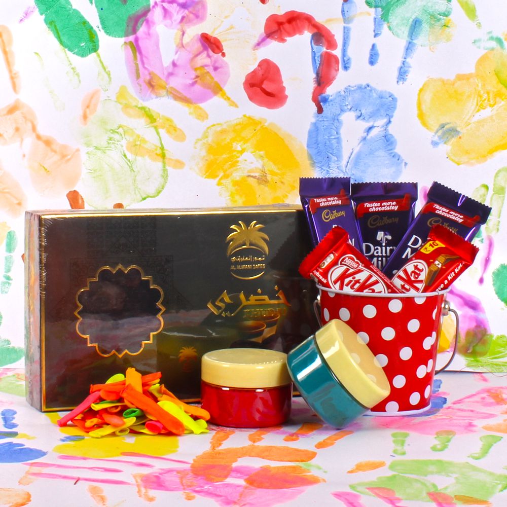 Herbal Holi Colors Combo Including Chocolates with Al alwani Dates and Balloons