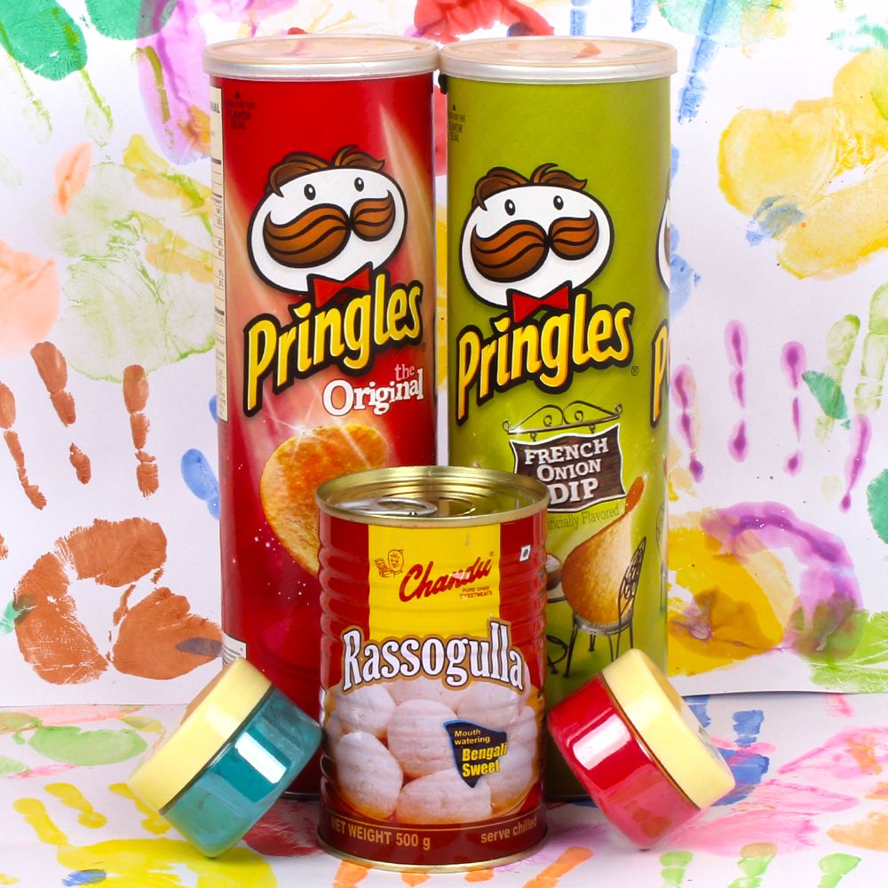 Pringles chips and Rasgulla with Herbal scented holi colors