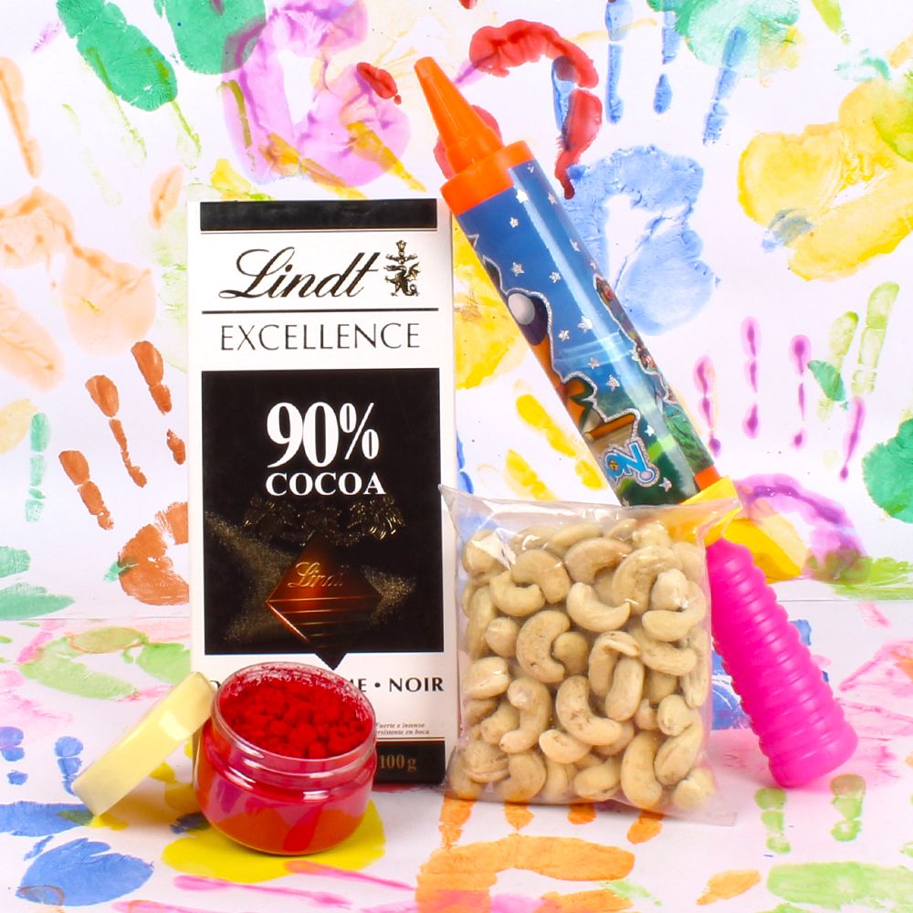 Holi Pichkari Hamper with Lindt Dark Cacao Chocolate and Cashew Nut