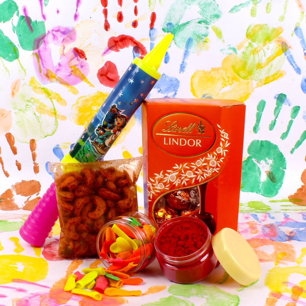 Holi herbal color pichkari hamper of Lindt Lindor with Masala cashew and Balloons