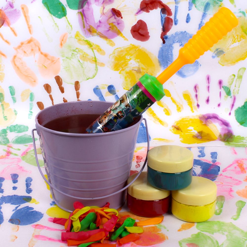 Holi Pichkari Bucket with Balloons and Three Holi Colors