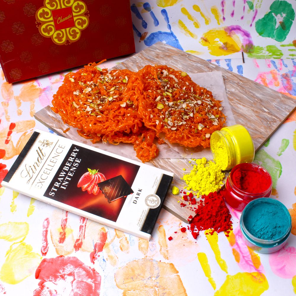 Jalebi Ghevar Sweet with Herbal Holi Colors and Lindt Excellence Strawberry Chocolate Bar