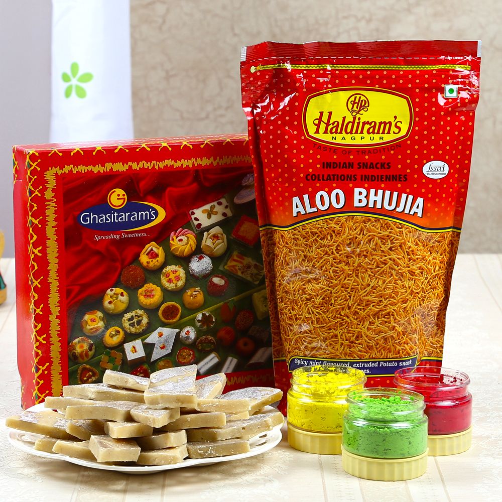 Kaju Sweets and Haldiram Aloo Bhujia with Three Holi Colors