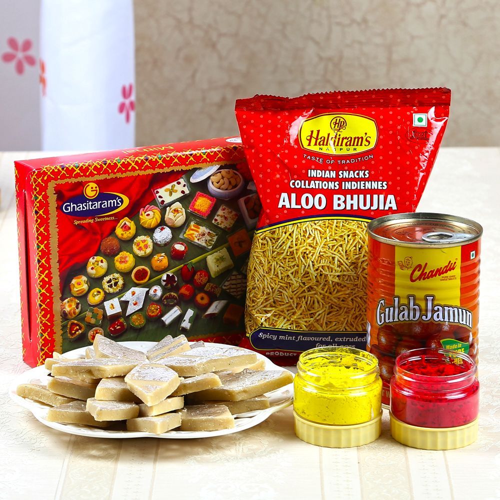 Gulabjamun with Kaju Sweets and Haldiram Aloo Bhujia