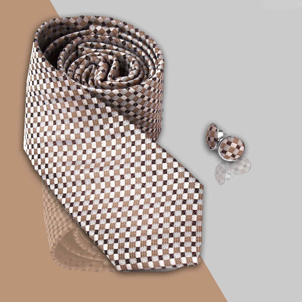 Beige Brown Weaved Tie and Cufflink