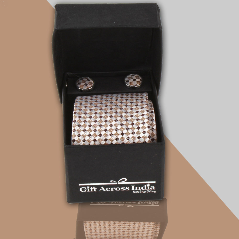 Beige Brown Weaved Tie and Cufflink