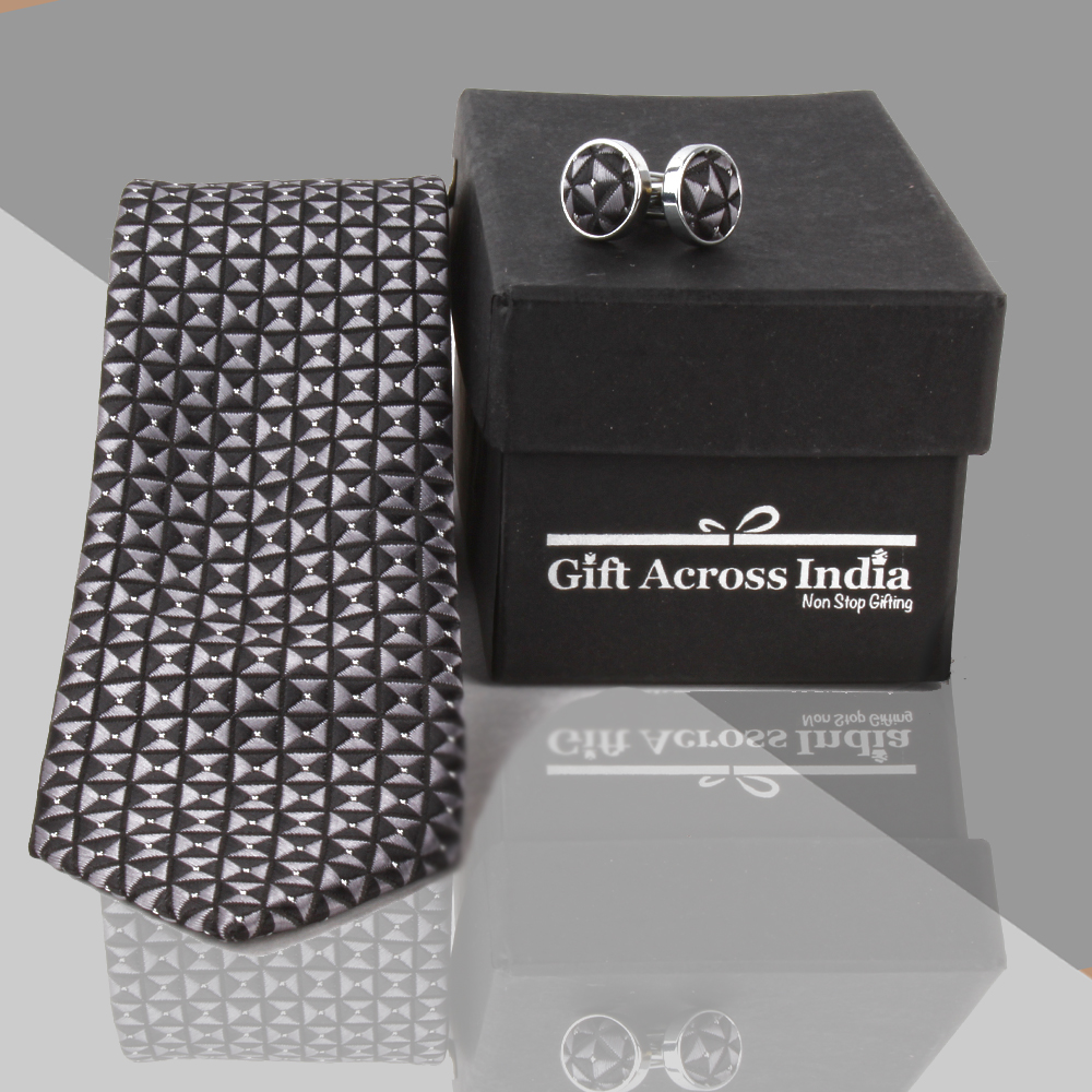 Printed Black Grey Tie and Cufflinks