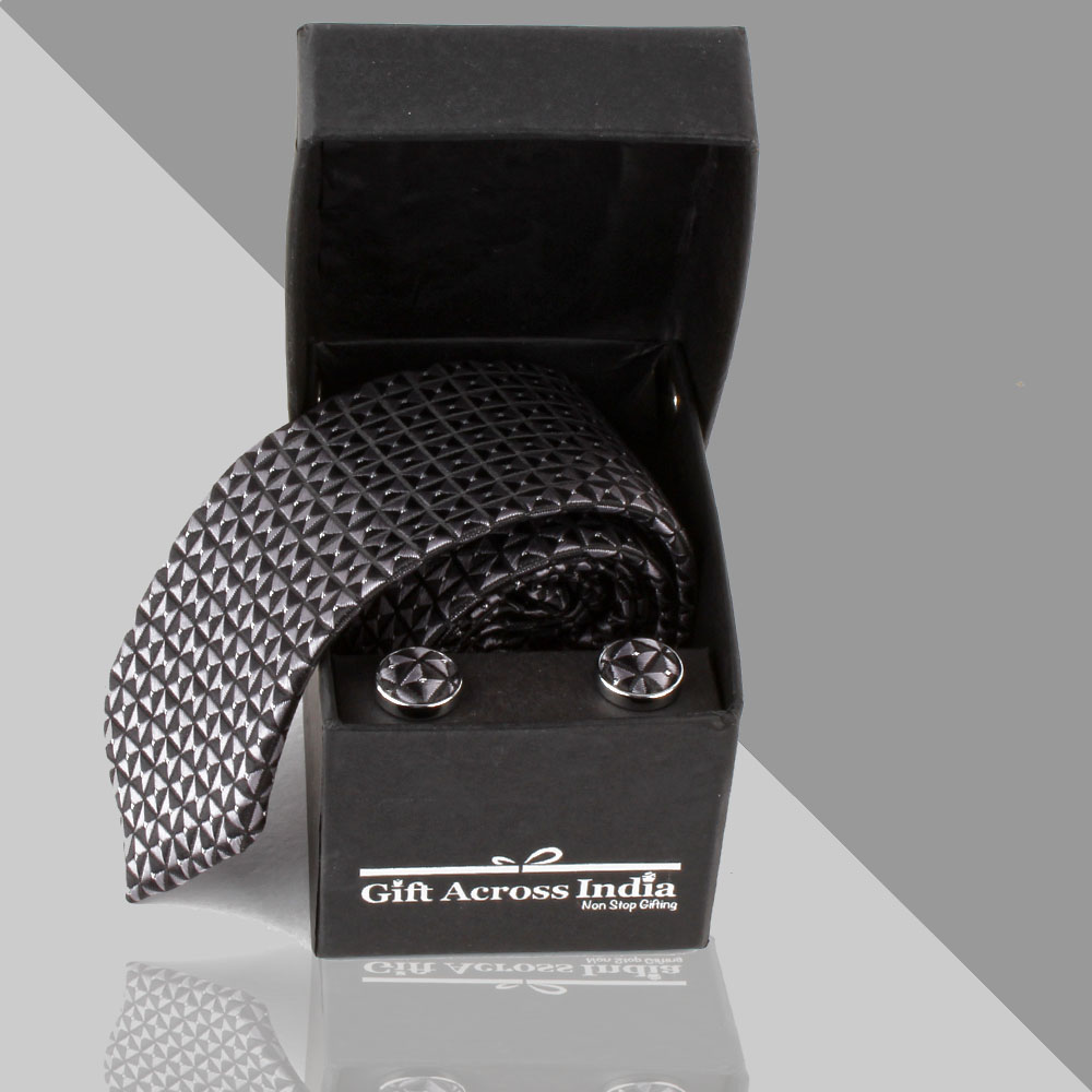 Printed Black Grey Tie and Cufflinks