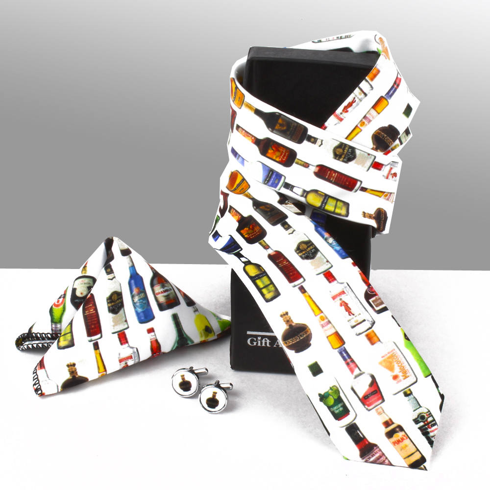 Digital Bottle Print Tie, Cufflinks and Handkerchief