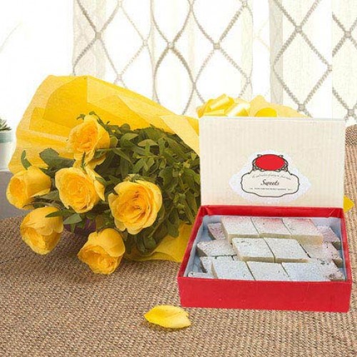 Six Yellow Roses Bouquet with Kaju Katli