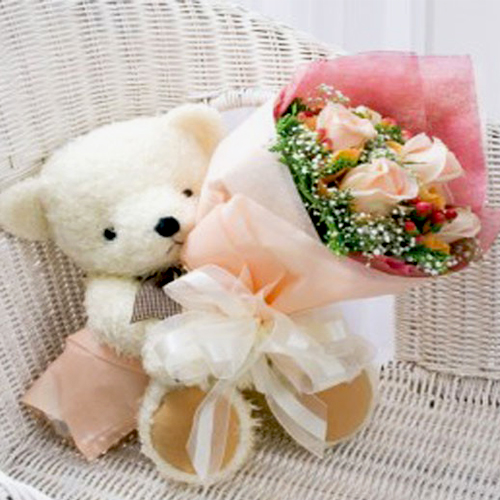 Bouquet of Ten Pink Roses with Teddy Bear