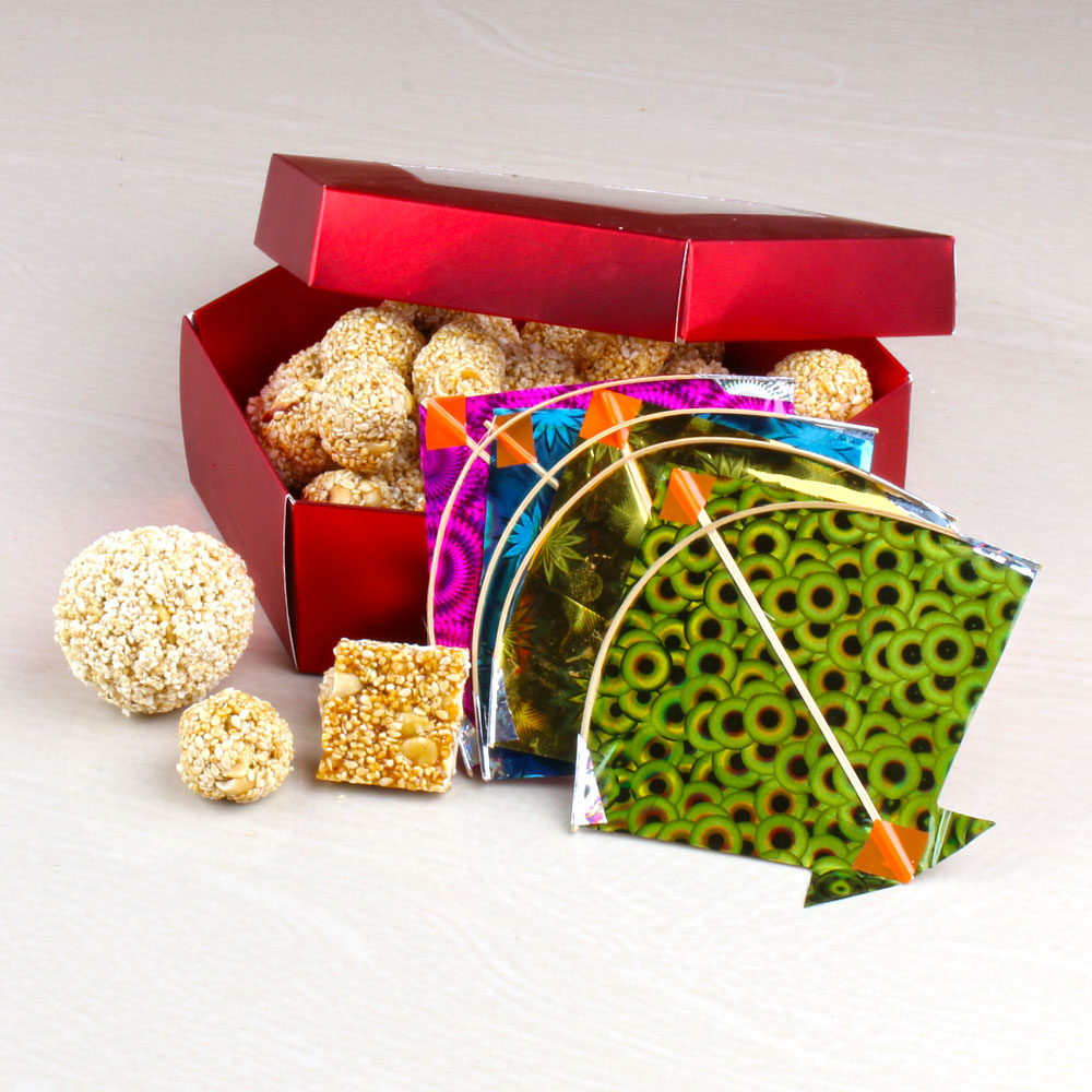 Box of Til Laddu with Til Chikki with Four Small Kites