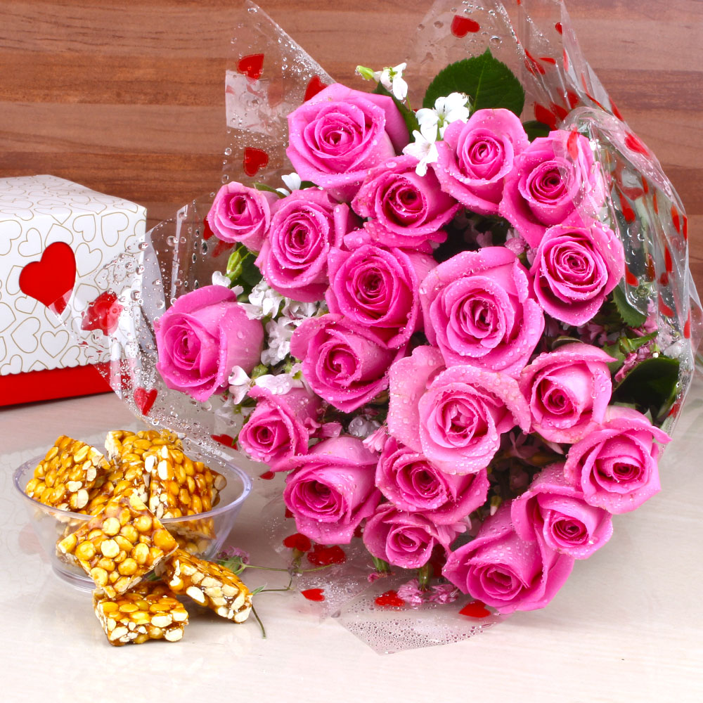 Bengal Gram Chikki with Pink Roses Bouquet