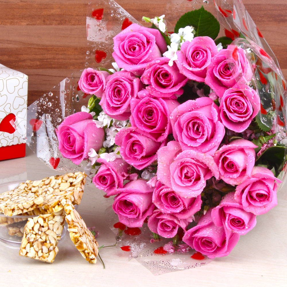 Peanut Chikki with Pink Roses Bouquet