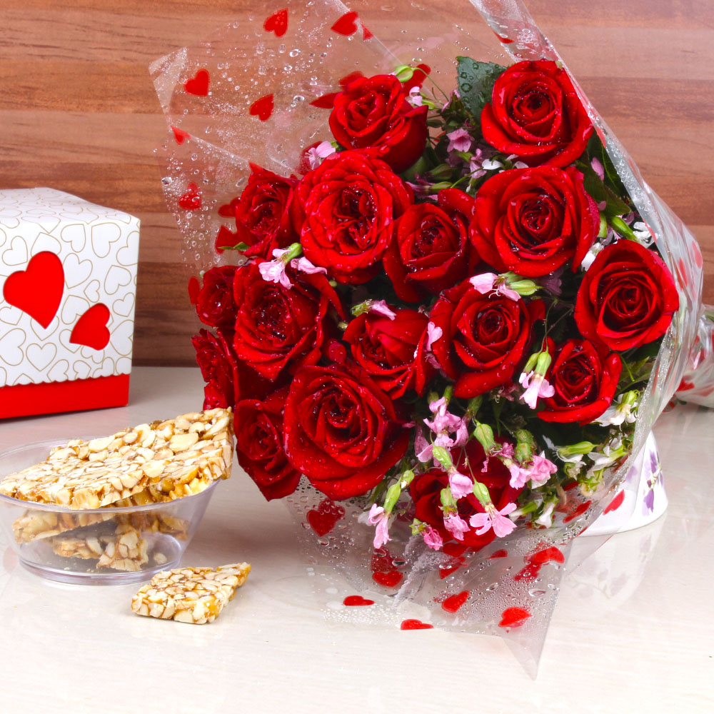 Peanut Chikki with Red Roses Bouquet
