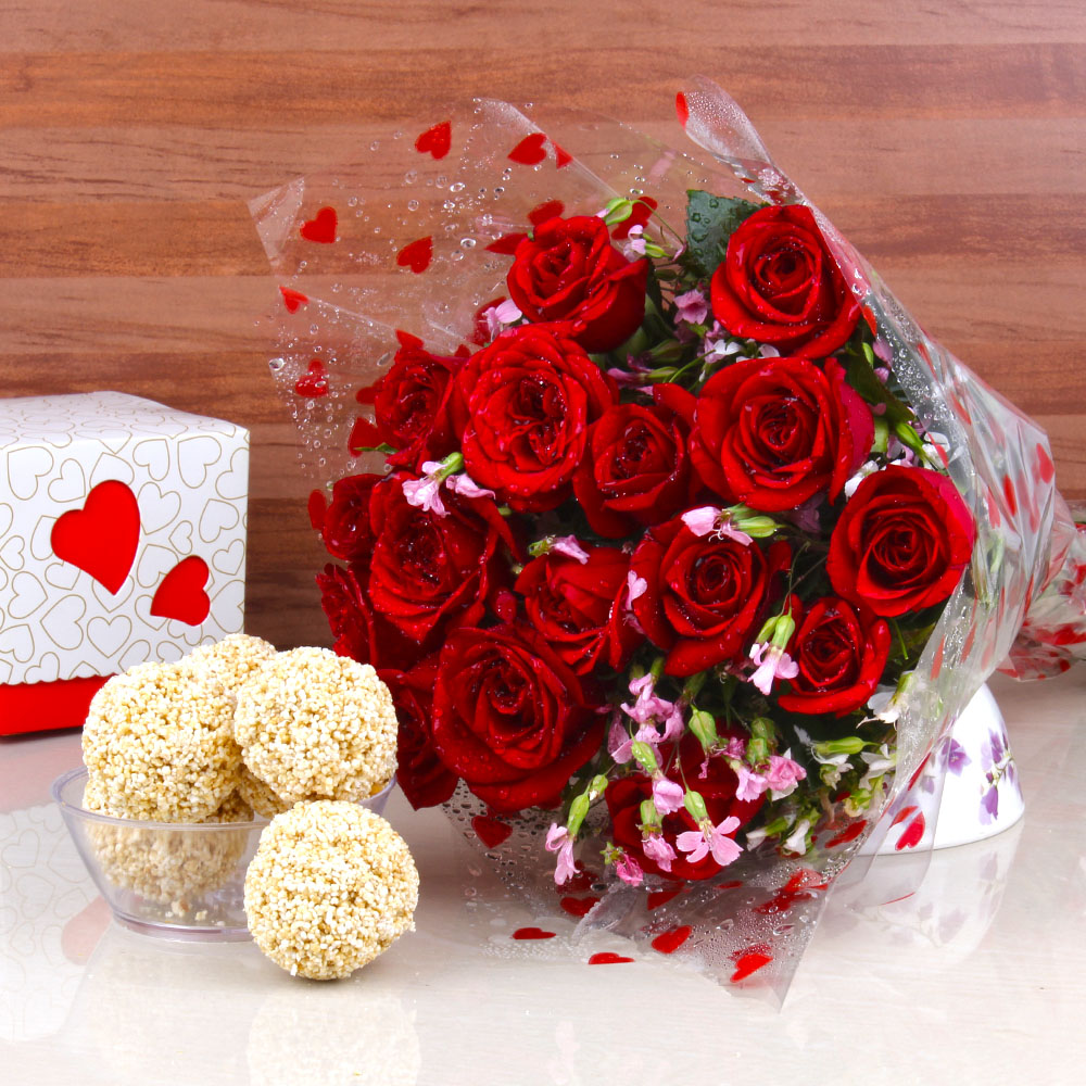 Rajgira Laddu with Red Roses Bouquet