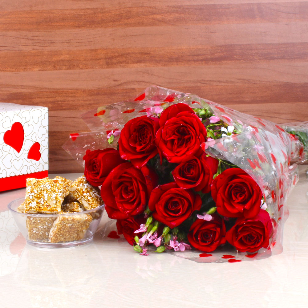 Til Peanut Chikki with Red Roses Bouquet