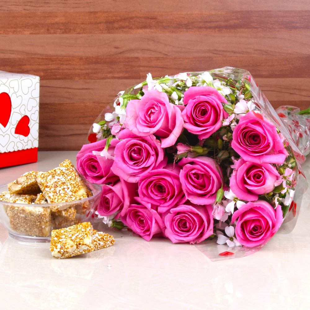 Til Peanut Chikki with Pink Roses Bouquet