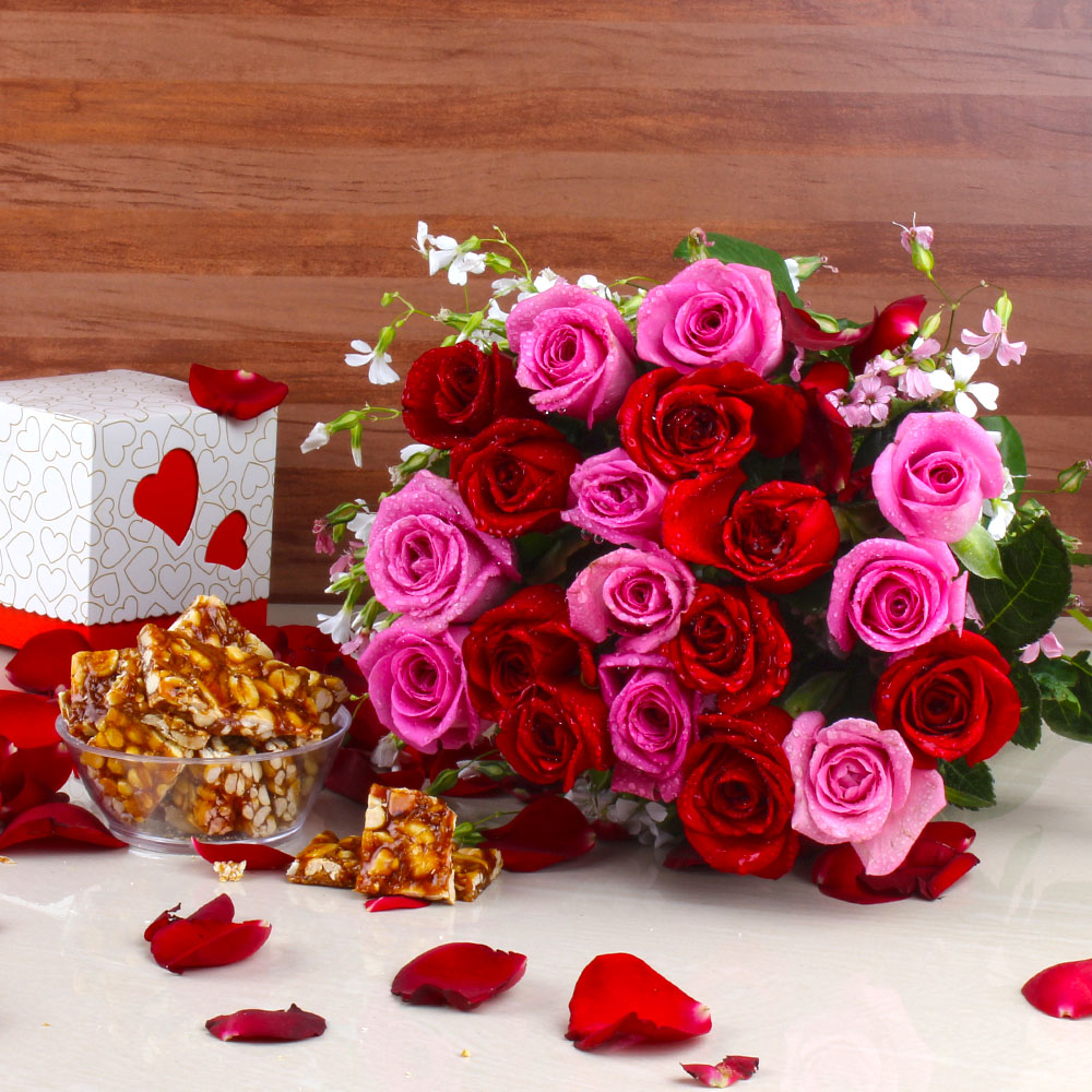 Peanut Jaggery Chikki with Pink and Red Roses Hand Bouquet