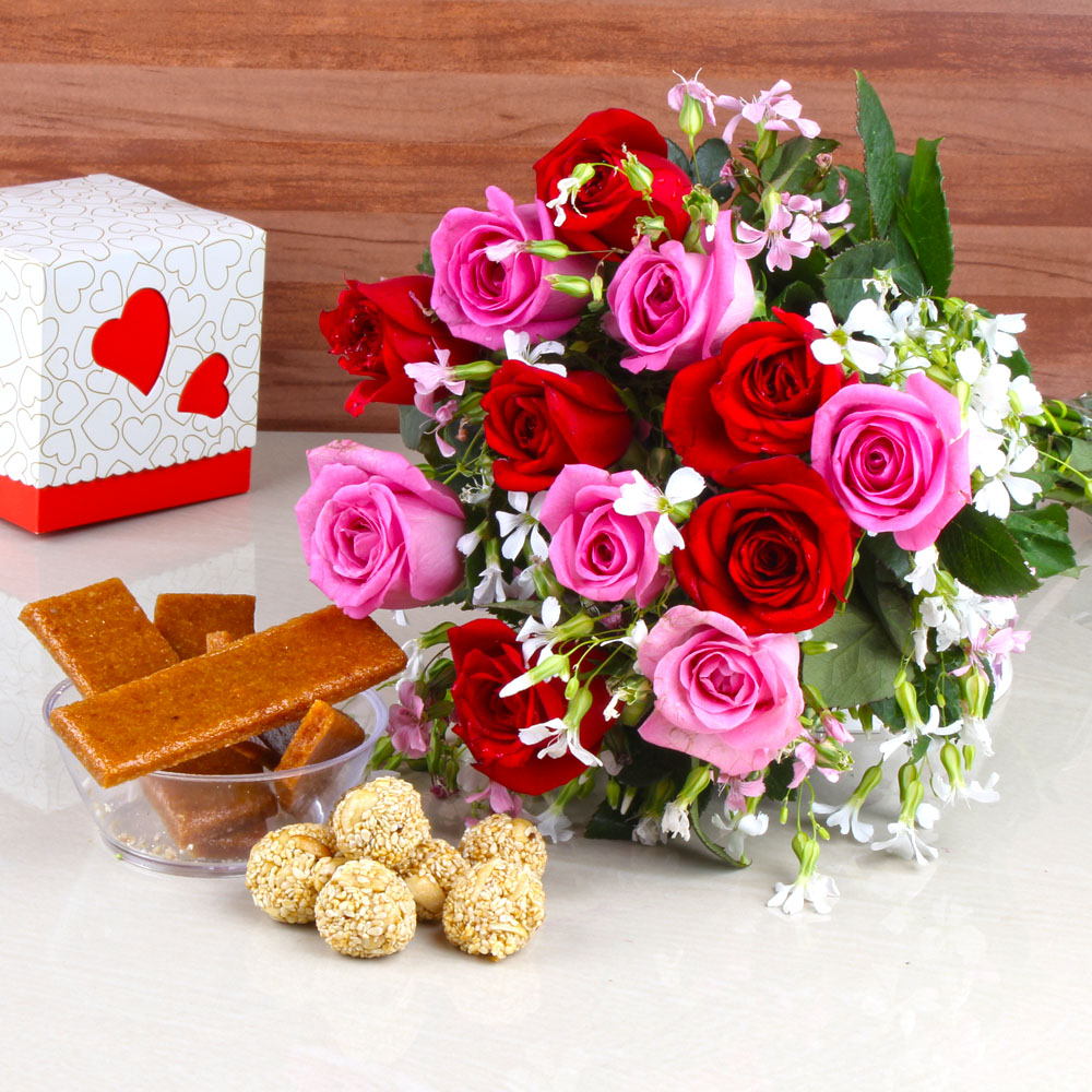 Til Laddu with Coconut Chikki and Dozen Mix Roses Bunch