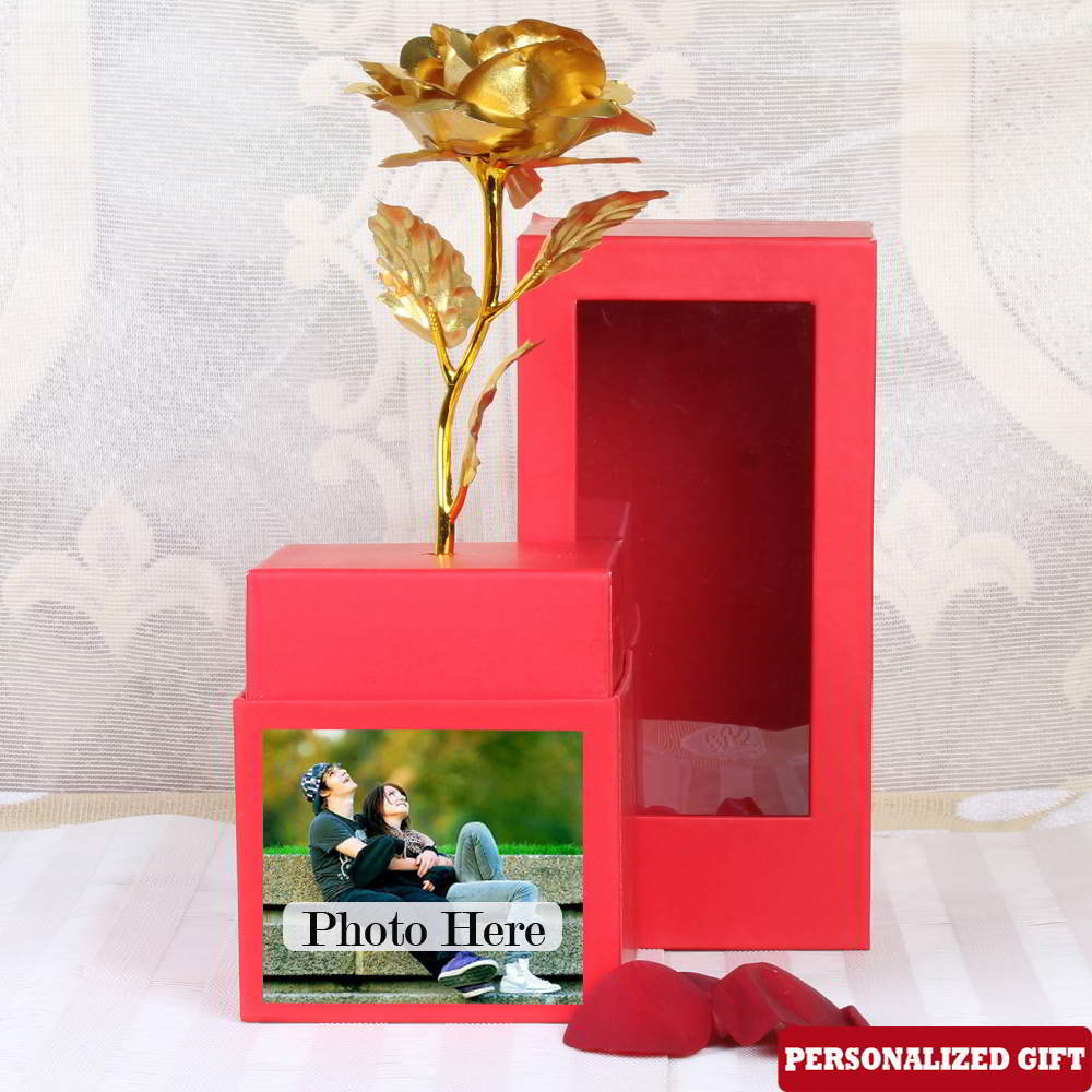 Personalized Photo on Gold Rose Box