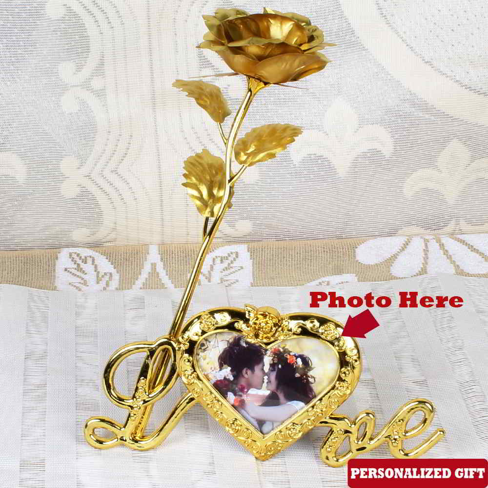 Personalized Photo on Love Stand with Golden Rose