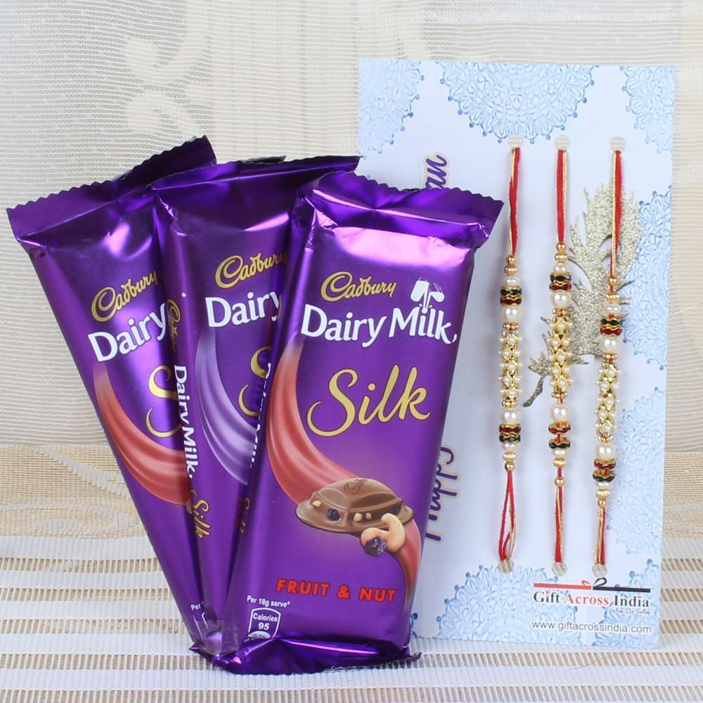 Cadbury Dairy Milk Silk Chocolate and Set of Three Rakhi
