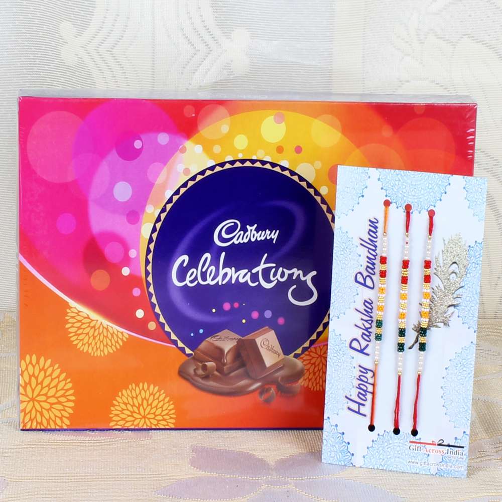 Set of Three Rakhi with Cadbury Celebration Chocolate Pack
