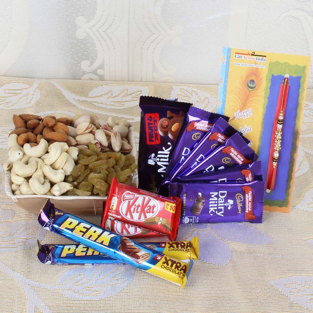 Assorted Dry Furits and Chocolates with Rakhi