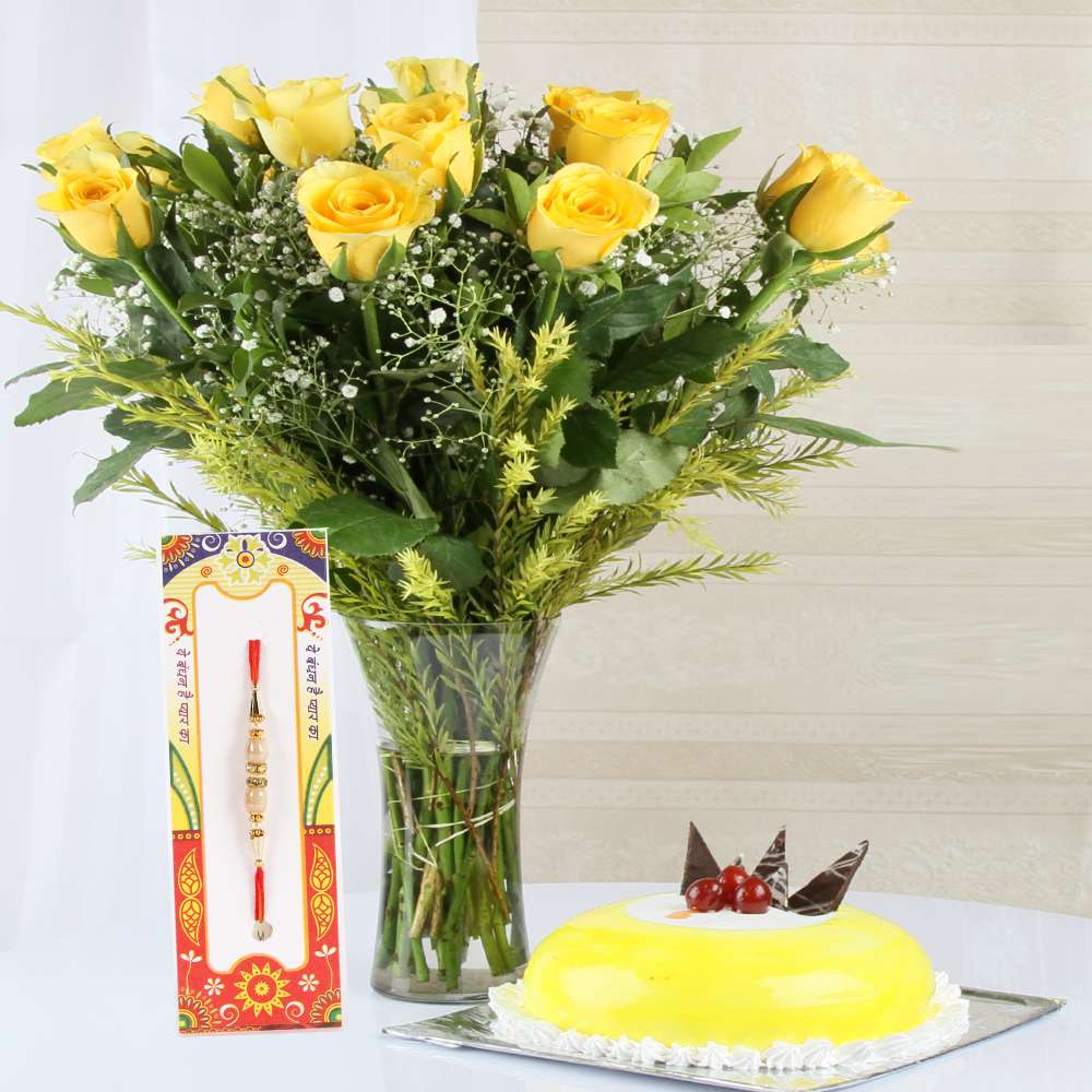 Pineapple Cake with Yellow Roses and Rakhi
