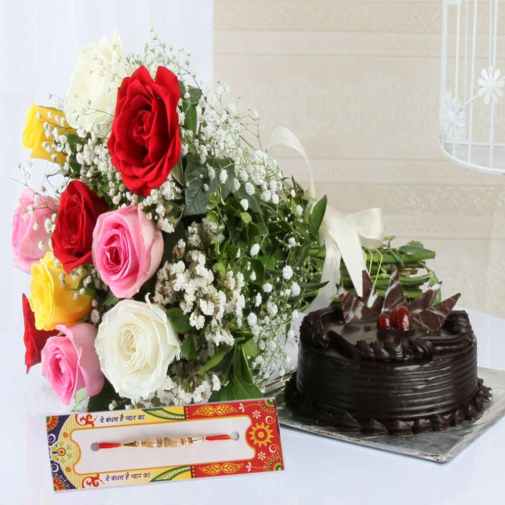 Mix Roses with Rakhi and Chocolate Cake Same Day Delivery