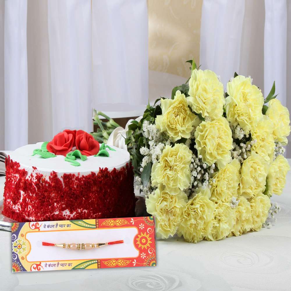 Designer Rakhi with Carnation Bouquet and Cake