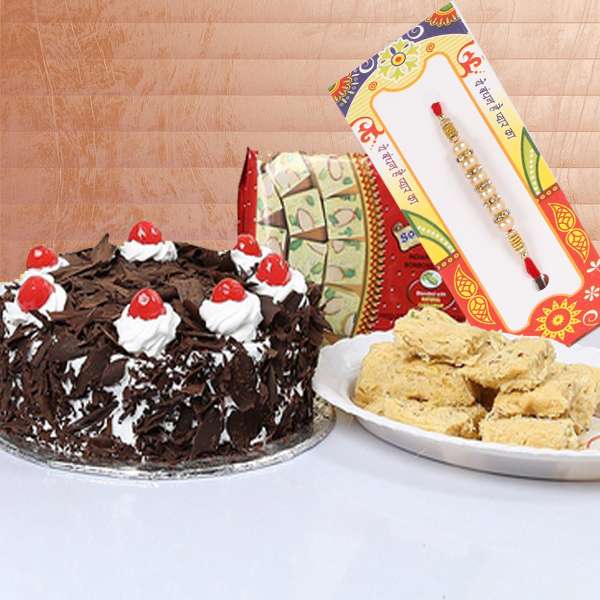Half Kg Black Forest Cake with 500 Gms Soan Papdi and Rakhi