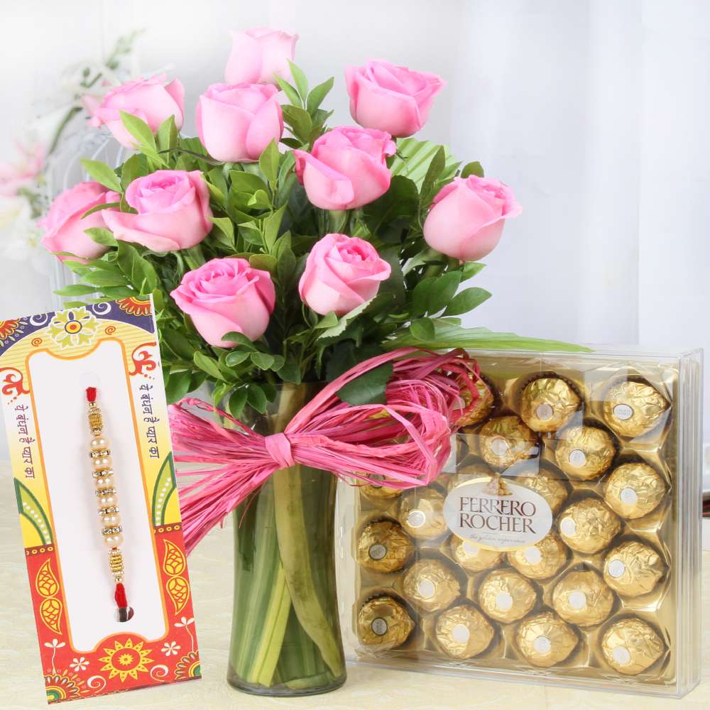 Pink Roses with Ferrero Rocher Chocolate and Rakhi