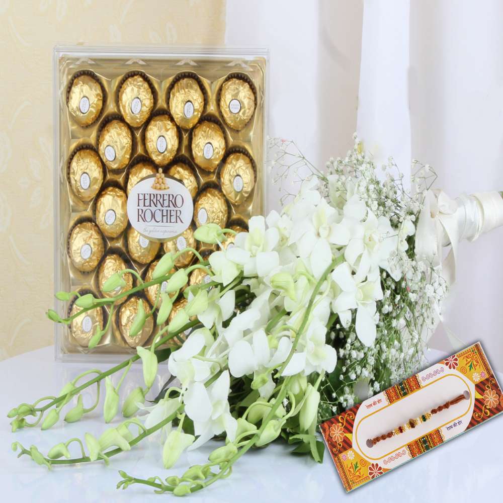 Ferrero Rocher Chocolate with White Orchids Bouquet and Rakhi